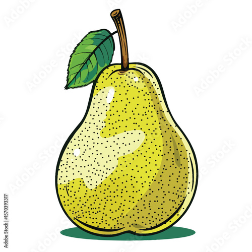 Vibrant Yellow Pear with Green Leaf and Stippled Texture