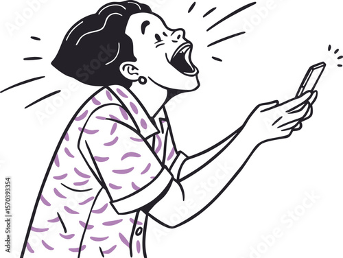 Woman shouting excitedly at her phone mobile