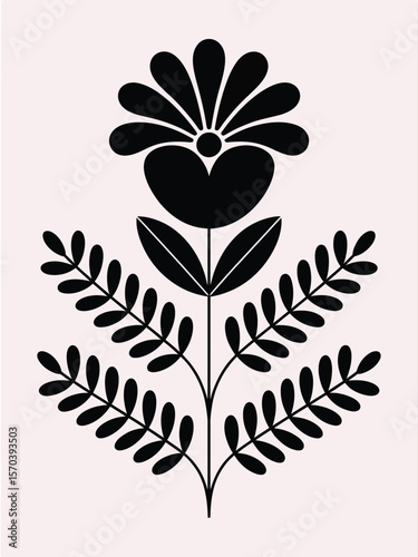 Stylized black flower with leaves botanical