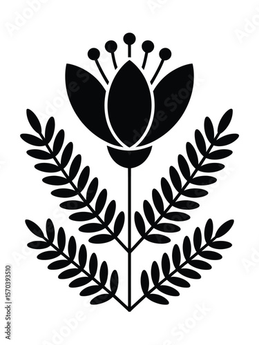 Stylized black flower with leaves white botanical