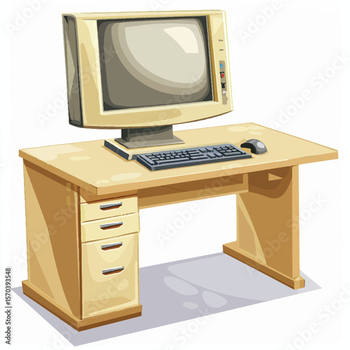 Vintage Computer Setup with Monitor Keyboard Mouse and Wooden Desk