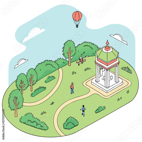 Charming isometric illustration of a serene park scene with a classical gazebo winding paths lush green trees bushes and people enjoying outdoor activities under a blue sky with a hot air balloon