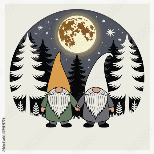 Two gnomes holding hands under moonlit sky night