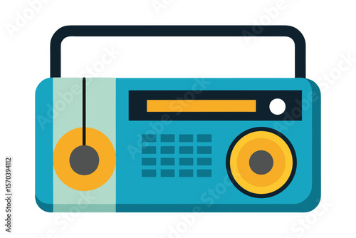 Retro blue portable radio with yellow accents and a handle