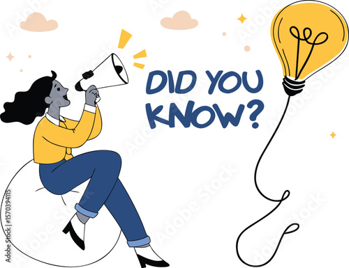 Woman with megaphone announcing idea with lightbulb announcement