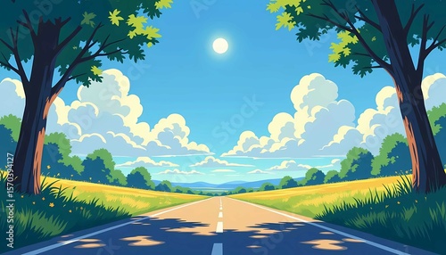 Scenic countryside road with trees, blue sky, fluffy clouds, sunlight, nature, travel, peaceful summer landscape