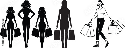 Women shopping silhouettes various poses bags