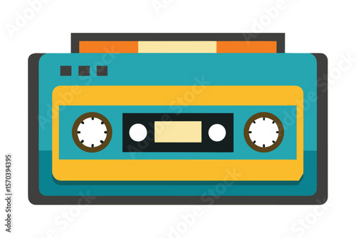 Retro teal and yellow cassette tape with vintage design elements