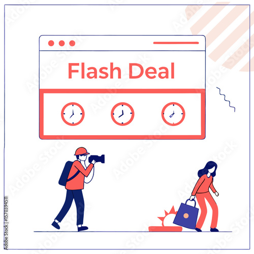 Creative illustration of a flash deal concept with a countdown timer and people capturing the moment and grabbing a bargain