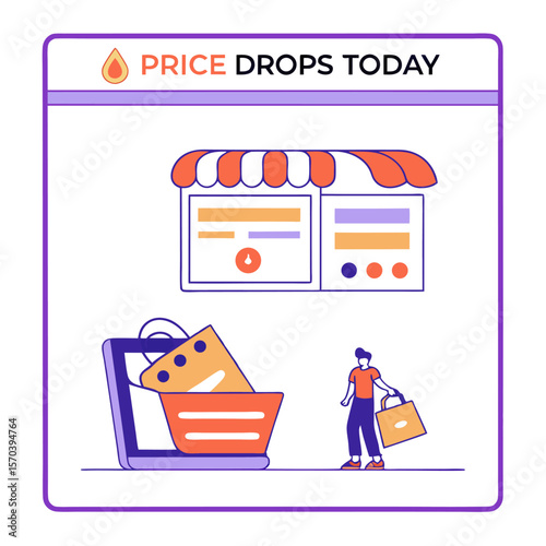 Illustration of a person shopping with a full shopping cart and a store facade indicating price drops and sales events happening today