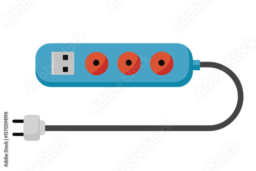 Blue power strip with multiple outlets and attached cord