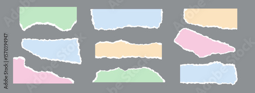 Colored torn paper pieces set. Ripped paper sheet strips collection. Elements and shapes with jagged uneven edges for sticker, collage, text box, banner, poster. Vector cardboard texture fragments