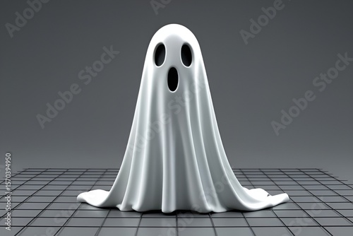 3D Minimal Ghost Figure on Grid Surface – Glossy White Halloween Spirit Design