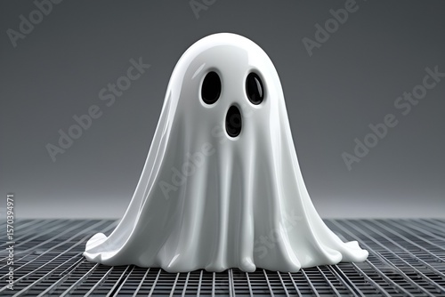 3D Minimal Ghost Figure on Grid Surface – Glossy White Halloween Spirit Design