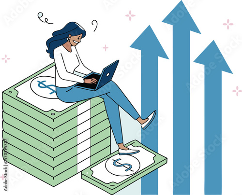 Woman working on laptop on stack of money with upward arrows finance business