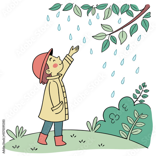 A happy child in a yellow raincoat and red boots reaches up to catch raindrops falling from a tree branch on a rainy day
