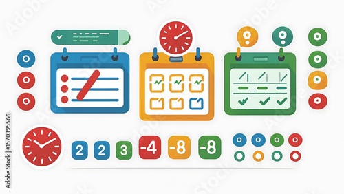 Abstract illustration of calendar reminders, with clocks and number icons against a white background,Colorful vector image of schedule elements for business or organization