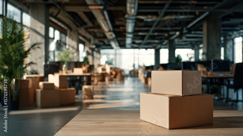 Stack of cardboard boxes and office chair in an empty office room, symbolizing moving to a new office, crisis adaptation, and the start of a new business.