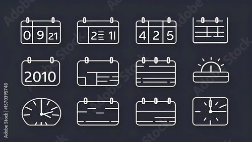 Set of calendar and clock icons in thin line style with a dark blue background, Vector calendar icon collection in white on dark background for web and mobile design