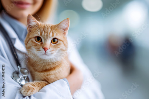 Veterinarian woman holds adorable fluffy kitten in pet clinic. Female vet with stethoscope holding cute kitten. Pet care, animal hospital, veterinary medicine, treatment. Happy vet with cat.