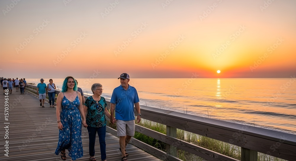 Fototapeta premium Family Stroll at Sunrise on a Coastal Boardwalk