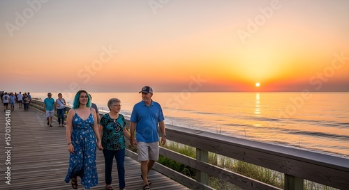 Family Stroll at Sunrise on a Coastal Boardwalk