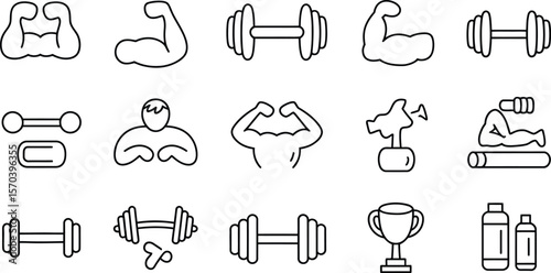 Various fitness and bodybuilding icons including weights muscles and protein supplements