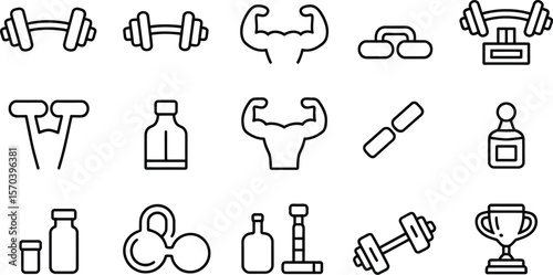 A collection of fitness and bodybuilding related icons in a line art style design