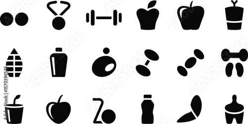 A collection of black silhouette icons related to health and fitness themes shown