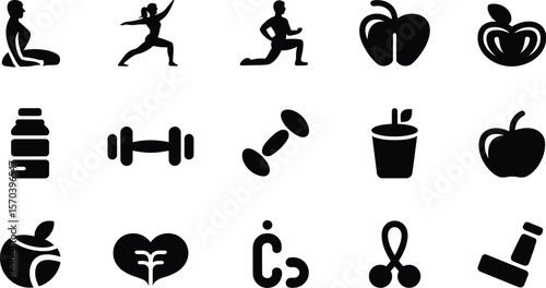 A collection of black and white icons representing fitness, health, and nutrition