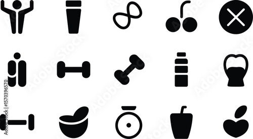 A collection of fitness and health related icons in a black and white color scheme