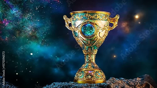Ornate trophy with emerald accents set against a cosmic background of stars and nebulae