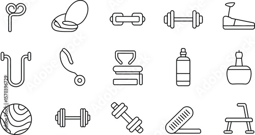Line art depiction of various fitness and exercise equipment in a white background