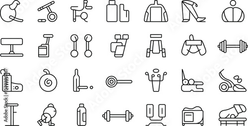 A collection of outline icons depicting various exercise and fitness equipment items