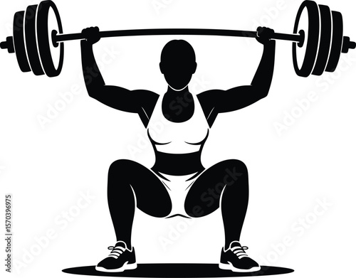 Silhouette of a woman lifting a barbell overhead in a squat position on beige background