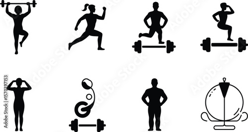 Various black silhouette icons depicting different exercise and fitness activities