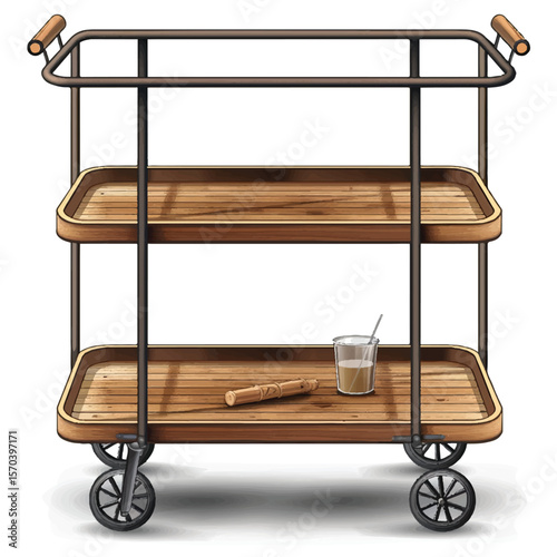 Vintage Wooden Beverage Cart with Two Shelves and Accessories