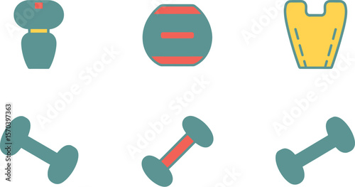 Illustration of fitness equipment including dumbbells kettlebell and chest expander