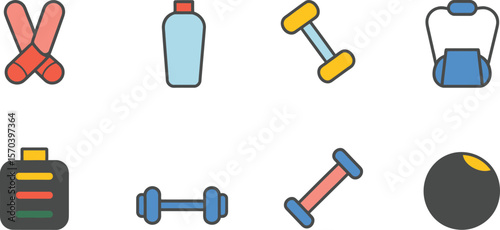 Illustration of gym equipment including weights water bottle and exercise ball items