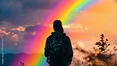 Person gazing at a vibrant rainbow over mountains during sunset, surrounded by nature