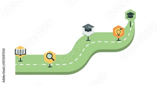 Education path with graduation cap book and magnifying glass icons design