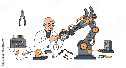 Elderly Engineer Working on Robotic Arm Prototype