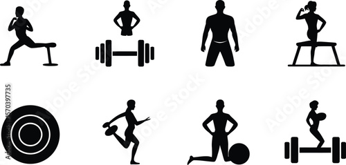 A collection of black silhouette illustrations depicting various fitness exercises