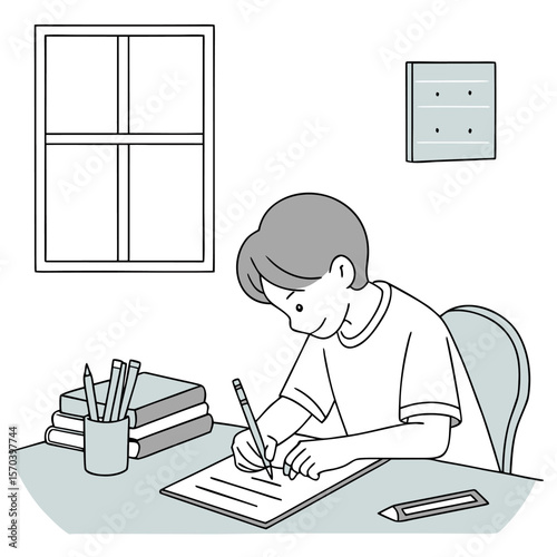 A young boy diligently studies at his desk writing in a notebook with a pencil surrounded by books and stationery near a window in a simple room