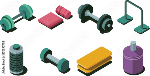 Isometric view of fitness equipment including dumbbells mats and water bottle set up