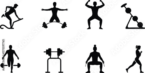Silhouette illustrations depicting various gym exercises and fitness equipment poses
