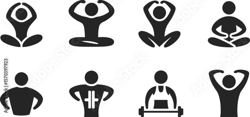 A collection of black and white icons depicting various yoga poses and exercises