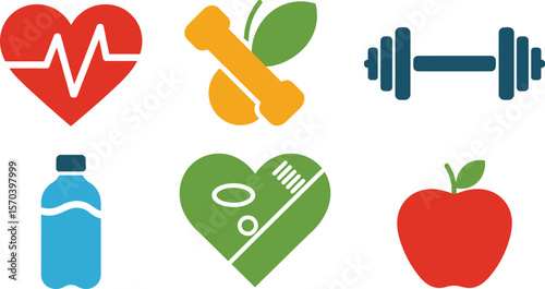 A collection of health and wellness icons including heart apple water and dumbbell