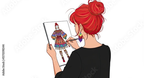 Fashion designer with red hair sketching colorful dress on paper pad