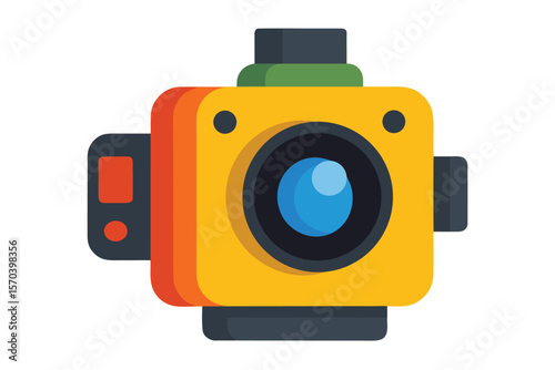 Modern flat design yellow camera icon with blue lens